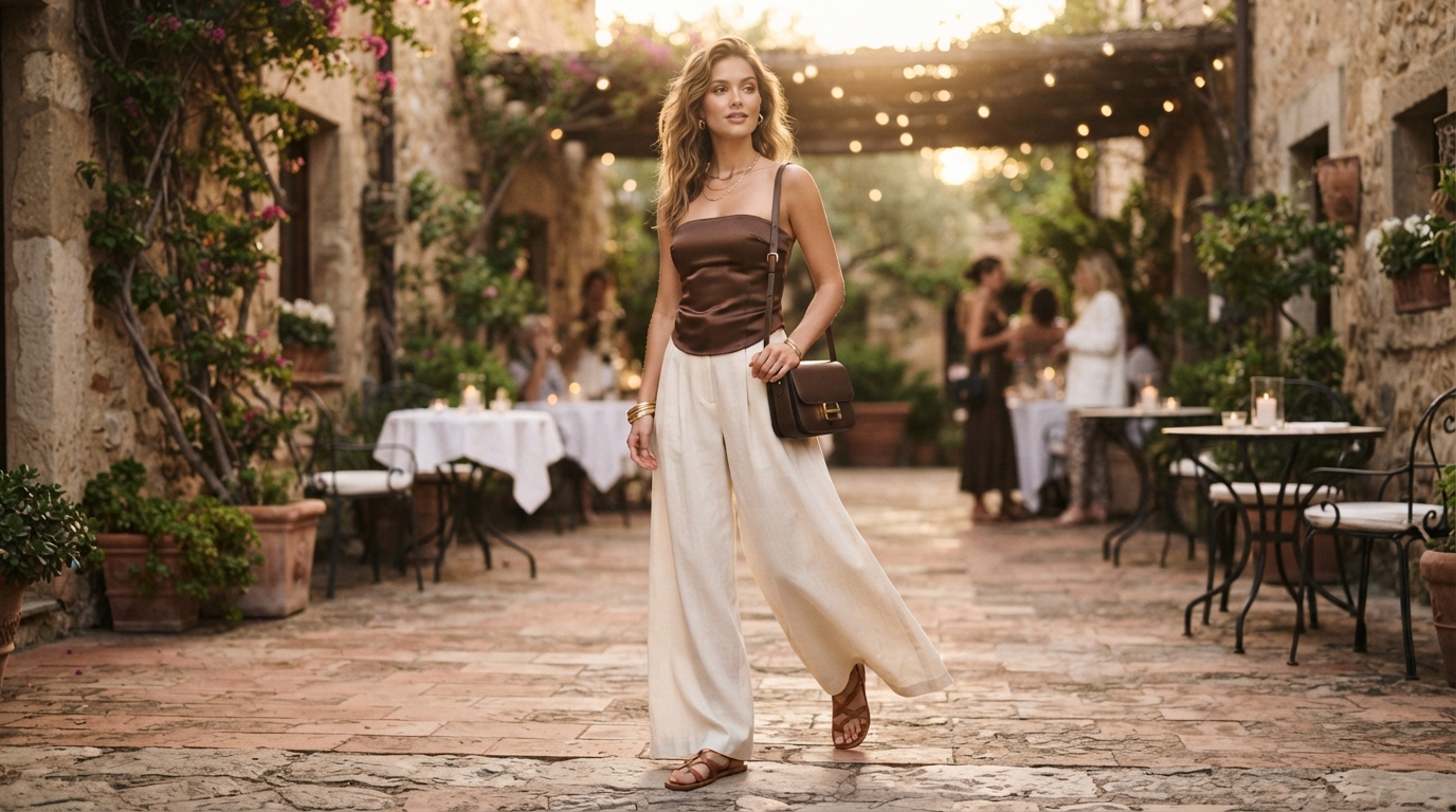 Chocolate Brown Satin Tube Top & Cream Wide-Leg Linen Pants